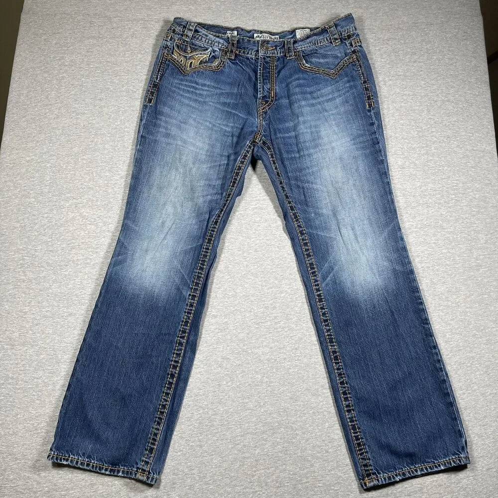 MEK DNM Jeans Mens 38x34 (36x32) Medium Wash Bilbao Straight Embroidered Y2K